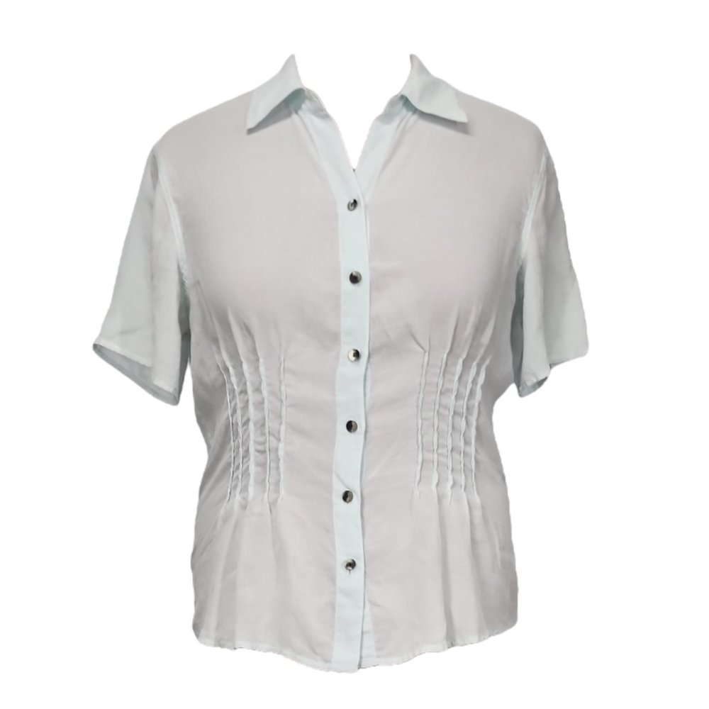 J Jill Ice Blue Tencel Short Sleeve Pintucked Button Down M Medium